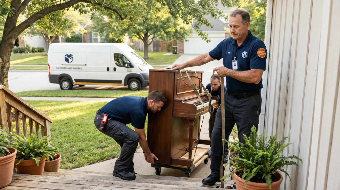 Licensed piano movers securing grand piano in North Chicago, IL