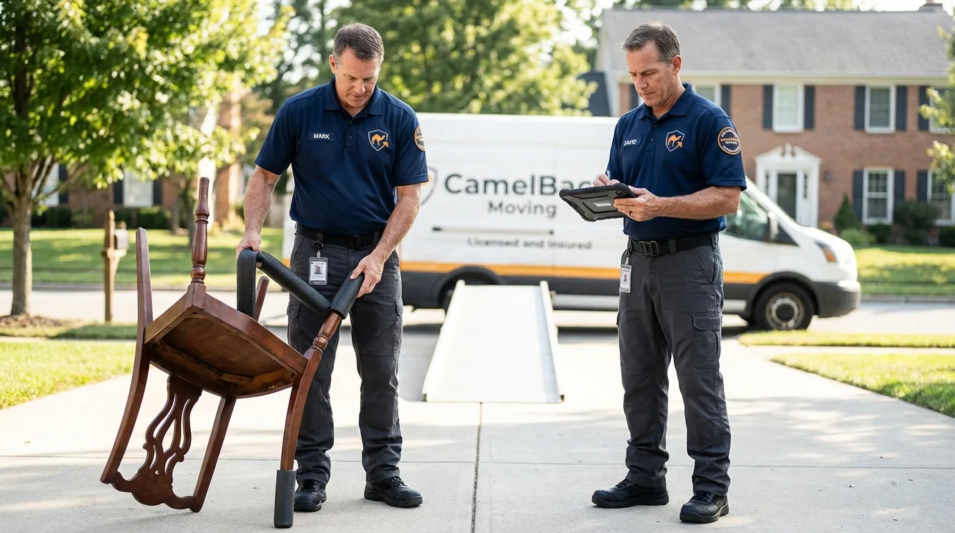 Movers inspecting furniture for damage prevention before loading in North Chicago, IL