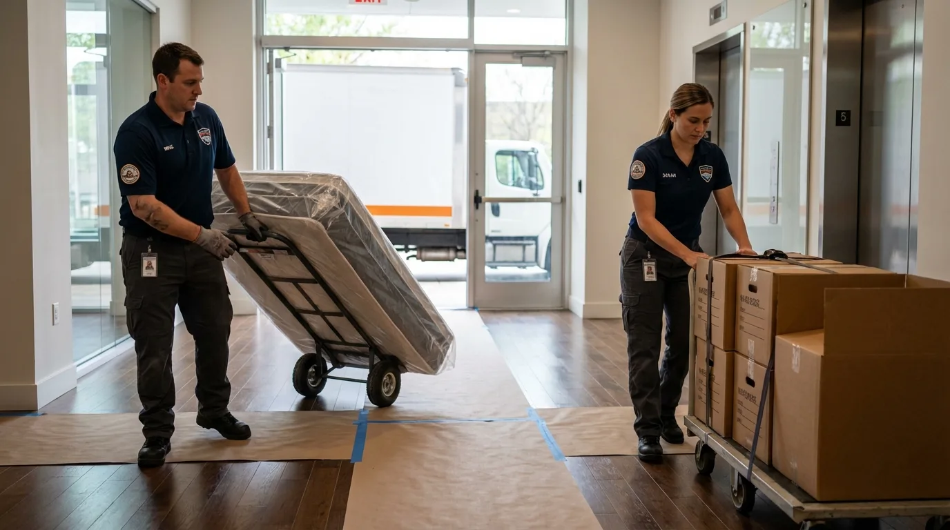 Professional apartment movers loading elevator in North Chicago, IL