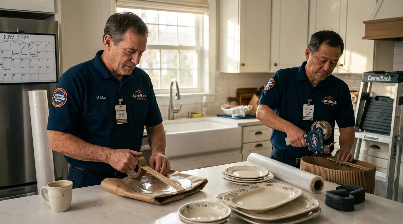 Professional crew packing kitchen dishware in North Chicago, IL